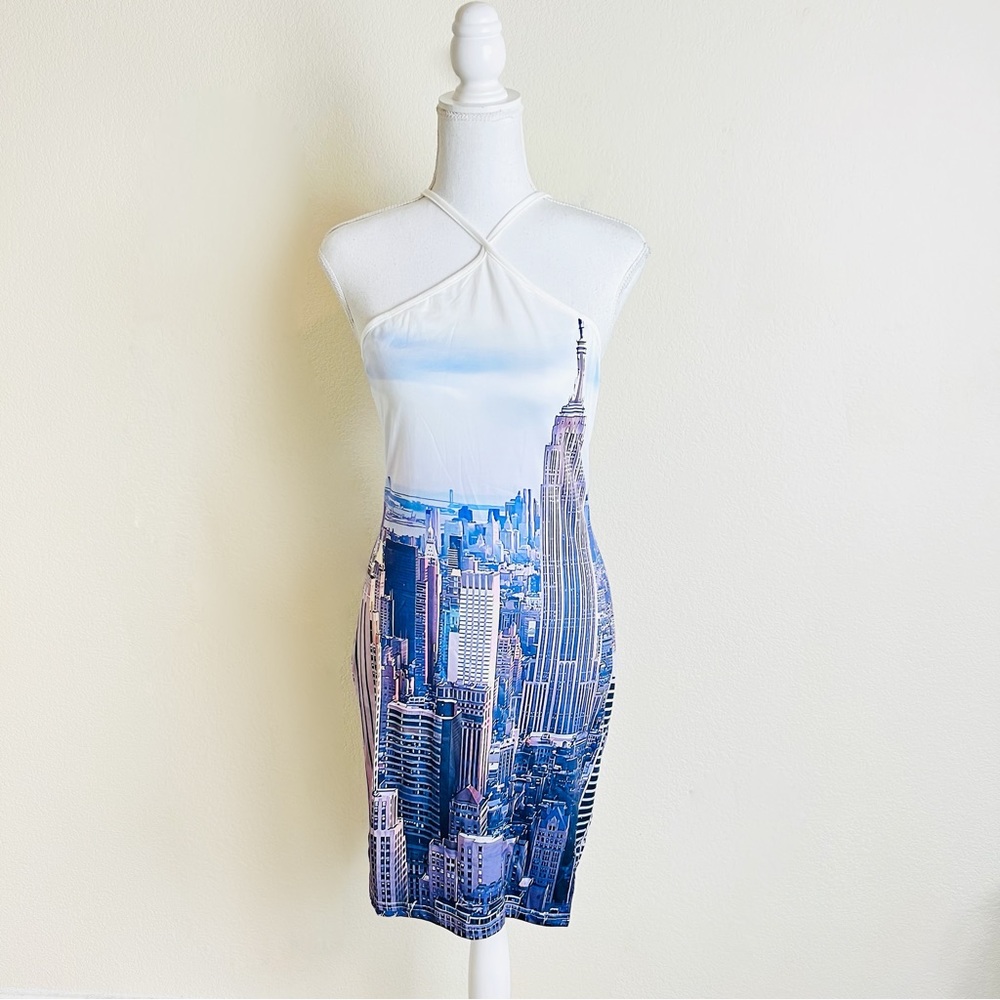 New York Aerial Skyline White Ombré Diamond Halter Mini Dress